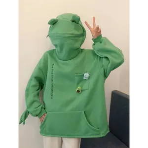 Edge Trendsetter Vibrant Green Hoodie Cute Frog Design Unisex Couple Matching Loose Fit For Men Women Christmas Women's Oversized Half Zip Fleece Pullover riot hoodie egg jojo forever hug dream 555 jumper rosa becky hammon blazer