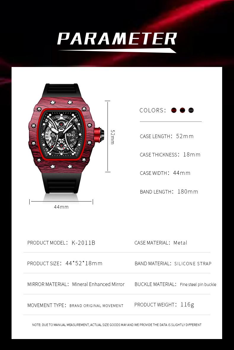 Men's Carbon Fiber Skeleton Tonneau Watch, Black Silicone Band, Sporty Quartz Wristwatch Men's Carbon Fiber Skeleton Tonneau Watch, Black Silicone Band, Sporty Quartz Wristwatch