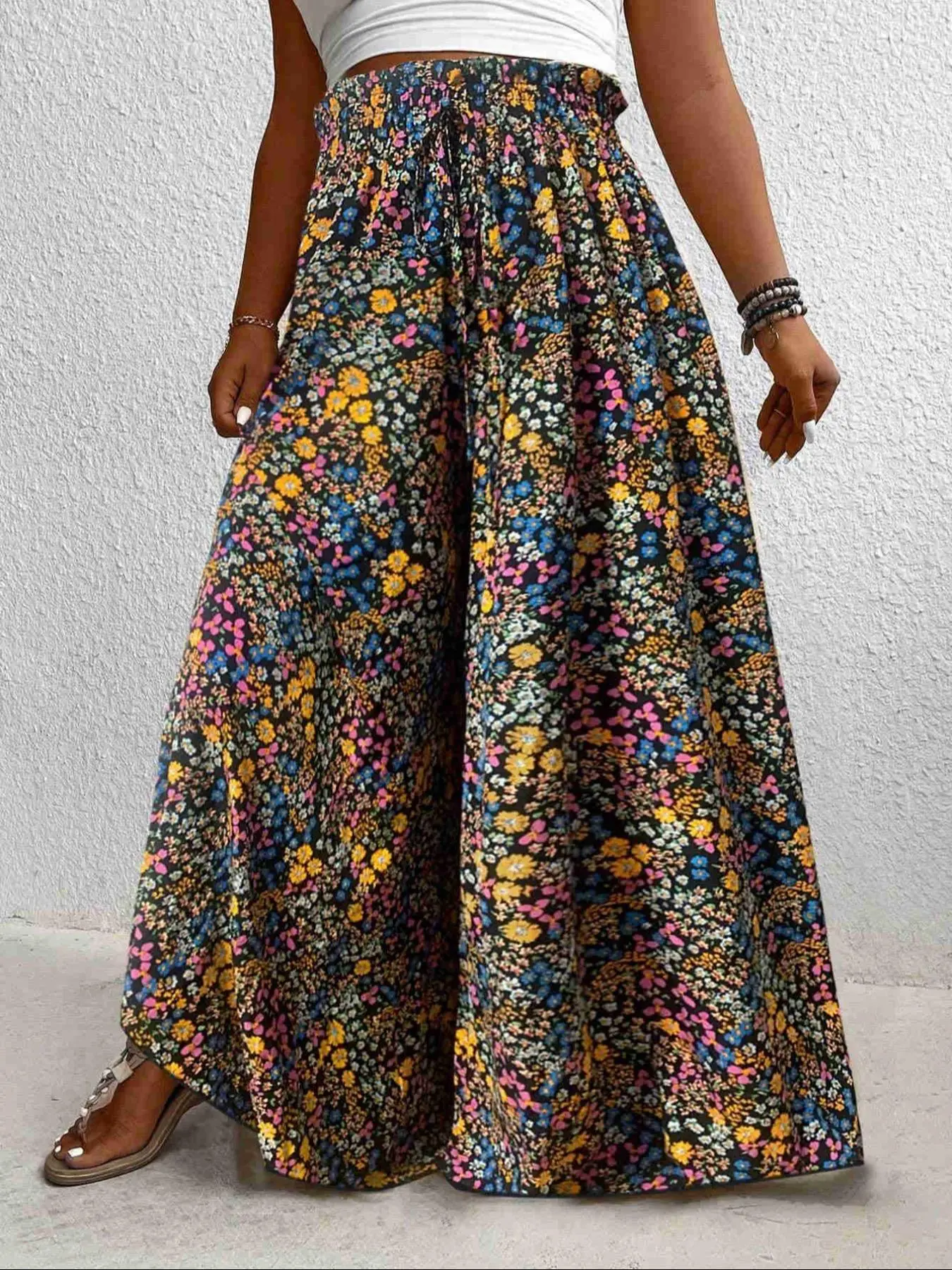 Plus Size Women's Boho High Waist Wide Leg Pants, All-Over Floral Print, Casual Loose Fit, Comfortable for Daily Wear