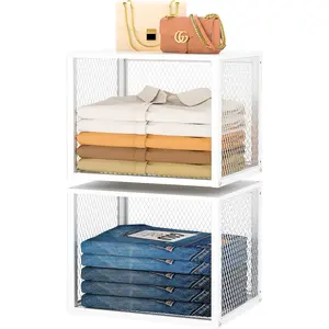 2 Pack Stackable Closet Organizers and Storage Basket, Closet Shelves with  Top Extra Storage, Multifunctional Clothes Organizer Bins/Cube Storage Drawer for Wardrobe Kitchen Laundry Room, White