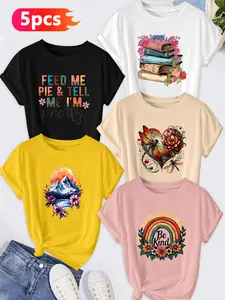 5-Pack Women's Crew Neck T-Shirts, Food Slogan / Mountain / Rainbow "Be Kind" Print Set, Multiple Colors Available, Machine Washable, Spring & Summer Top, Soft Skin-Friendly Fabric, Daily Versatile, Fashion Design