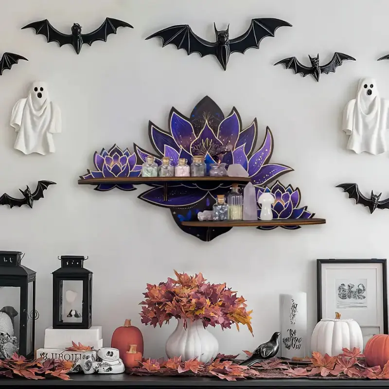 1 Set Bohemian Lotus Wall Shelf, Spiritual Wooden Floating Display Shelf, Purple Blue Lotus Wall Mount Organizer for Crystals, Yoga Meditation Room Decor, Zen Wall Art, Wooden Wall Rack
