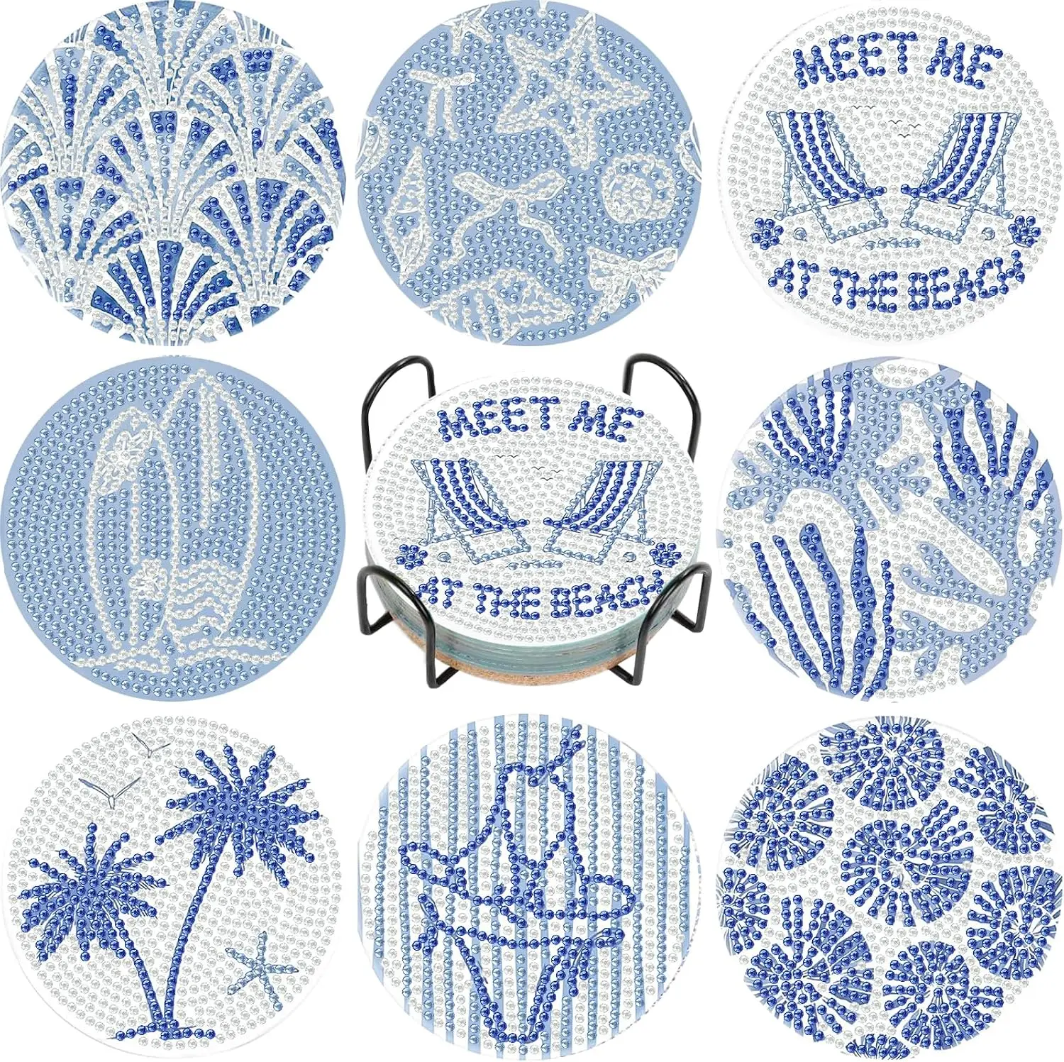 GemZono 8Pcs 5D Diamond Painting Round Coasters, Beach Theme Blue Coastal Palm Shell Surfboard Pattern DIY Diamond Art Kit with Wood Base, Table Home Decor Gift for DIY Needlework Enthusiasts