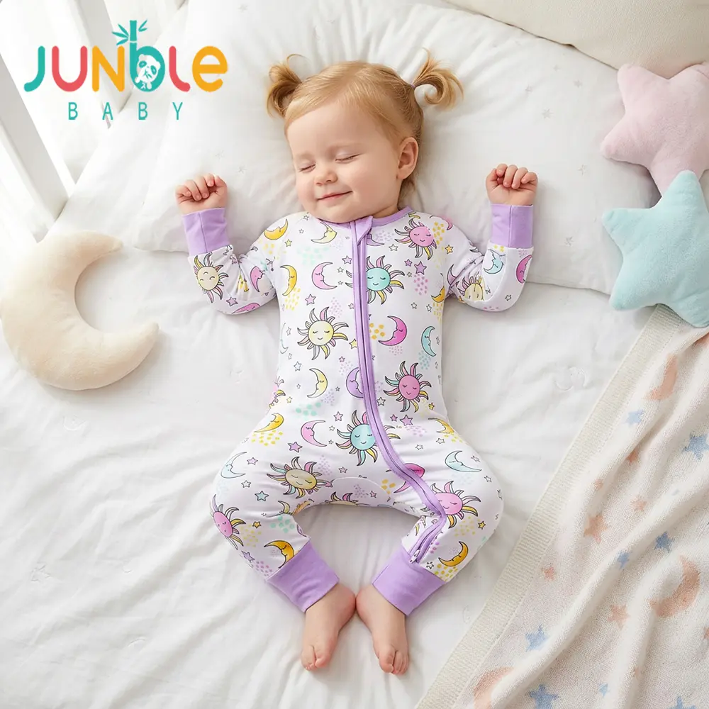 Junblebaby Sun Moon Star Print Baby Zipper Romper,baby bamboo zipper romper,baby summer clothes, Natural Bamboo Fiber Long Sleeve 2-Way Zipper Footed Onesie, Soft Night Sleep Pajamas for Baby Girls 0-3T US, mitten cuff foot