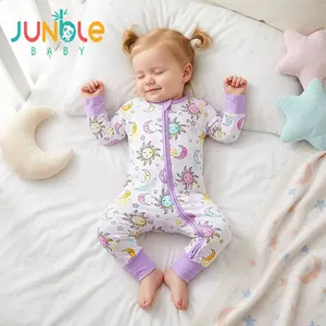 Junblebaby Sun Moon Star Print Baby Zipper Romper,baby bamboo zipper romper,baby summer clothes, Natural Bamboo Fiber Long Sleeve 2-Way Zipper Footed Onesie, Soft Night Sleep Pajamas for Baby Girls 0-3T US