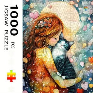 1000 Piece Girl Holding Cat Puzzle, Large Adult Family Interactive Toy, DIY Home Decor Brain Challenge, Holiday Scene, Perfect Gift