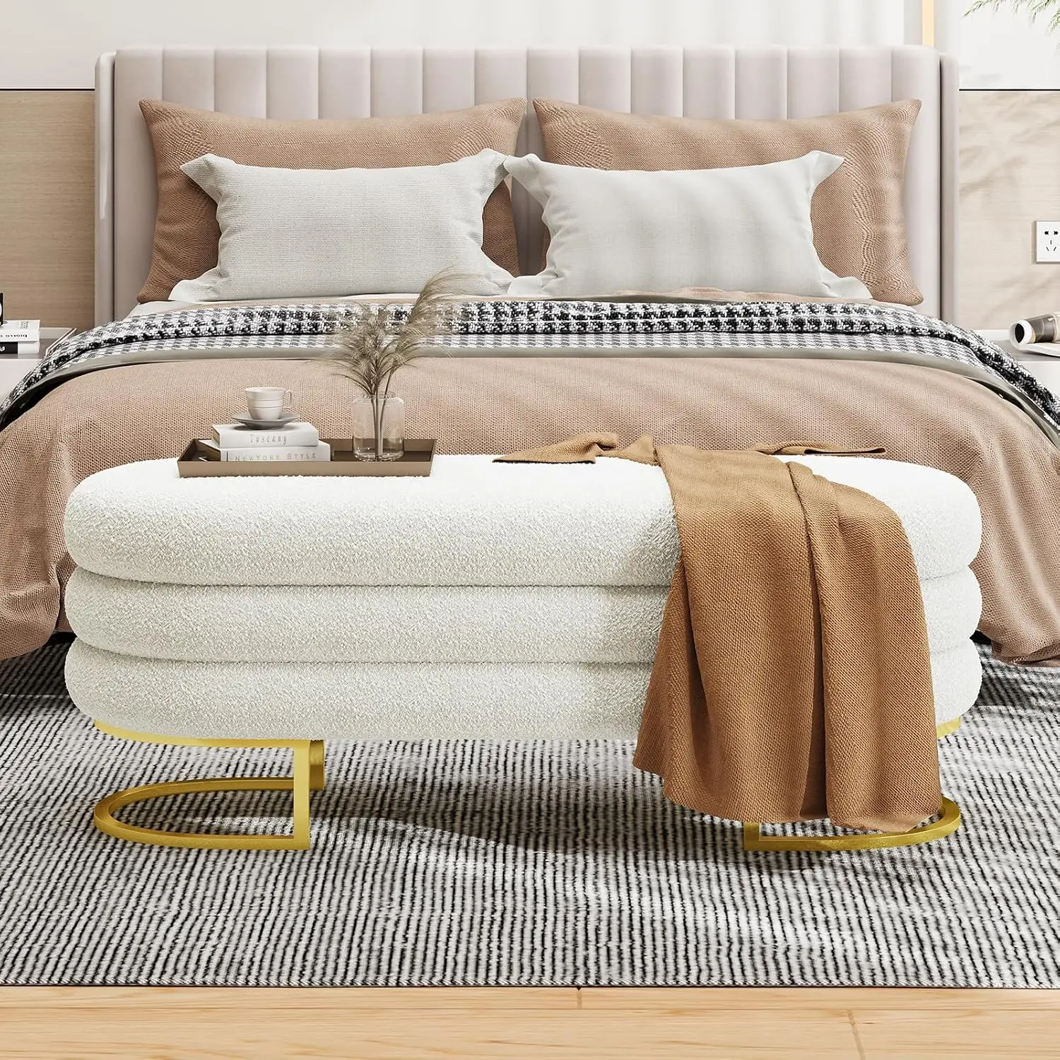 [Summergarden] Vabches Storage Ottoman Bench for Bedroom, Large Oval Ottoman with Golden Metal Leg Aesthetic Upholstered Fabric Storage Bench Shoe Seat with Padded Blanket and Chest for Bedroom, Entryway, Living Room