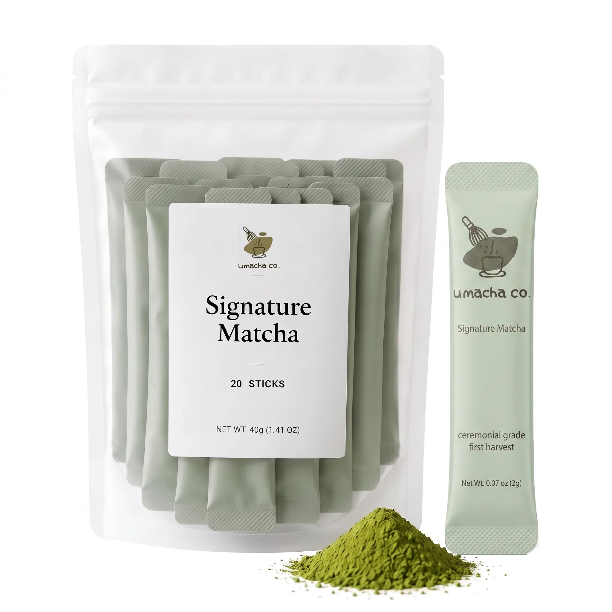 Umacha Co.40g Signature Ceremonial Grade First Harvest Matcha Green Tea Powder Beverage,Matcha sticks 20 Single-Serve Sticks (40g) Traditional Green Tea,Vibrant