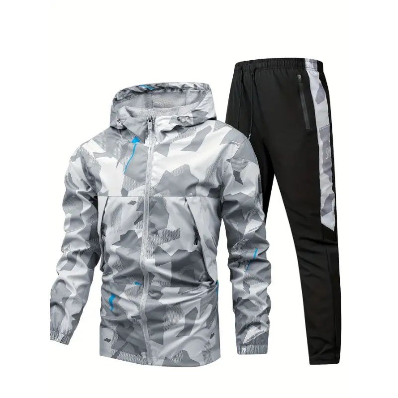 Male Camo Print Athletic Tracksuit Set - Hooded 2-Piece Polyester Blend Sportswear with Pockets for Fall & Winter, Athletic Fashion Activewear, Sportswear Set, Regular Fit, 5% Elastane, Camouflage, Dry Clean, Long, Xxs, Long Sleeve Shirt, Polyester Mix, W