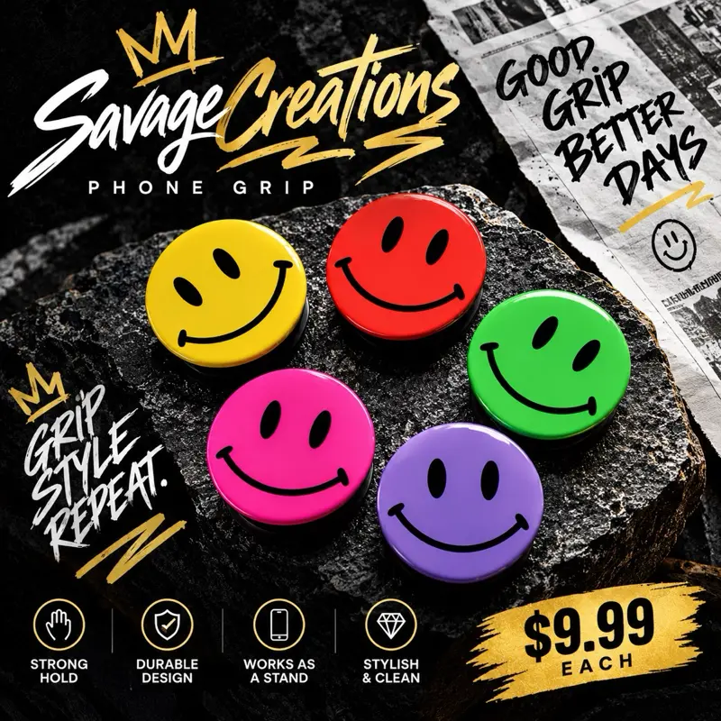 Smiley Face Phone Grip & Expandable Stand Smartphone Cellphone Compact Black