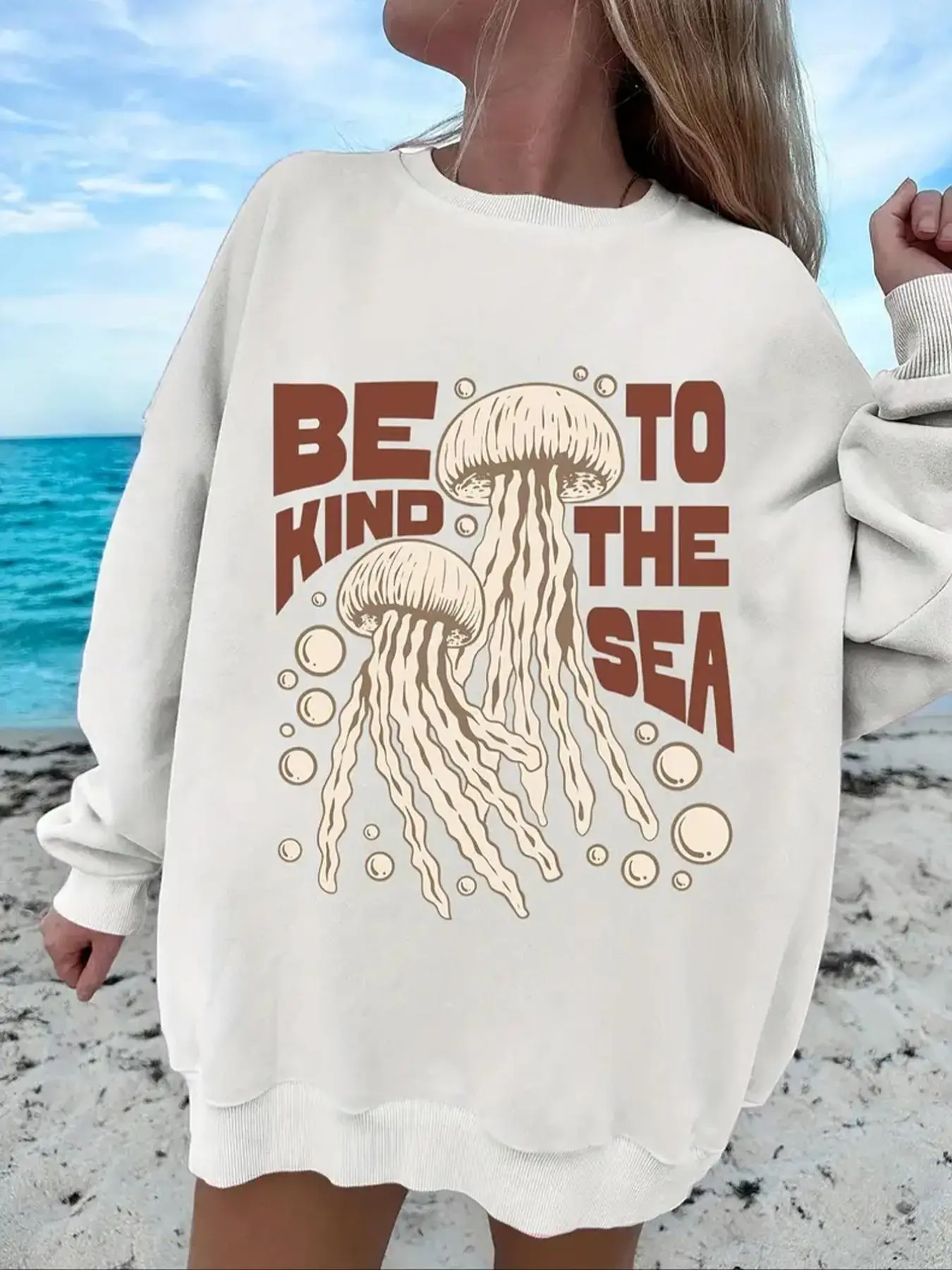 Women's Jellyfish & Letter Print Crew Neck Sweatshirt, Casual Long Sleeve Pullover for Fall & Winter, Women's Clothes for Daily Wear