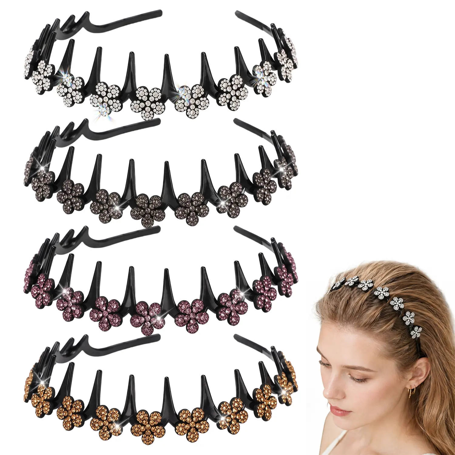YLNWH Headbands for Women, 4-Piece ElegantButterfly Set with Wavy Crystal Design,Lightweight & Non Slip Wavy Hair Accessories,Elegant Comb Headband with Teeth, HeadbandGifts for Women