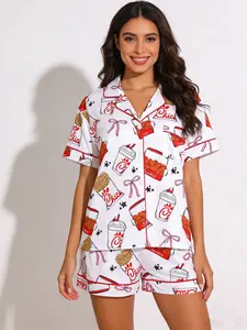 2-Piece Women's Sleepwear Pajama Set, Soda Chicken Block Print Short Sleeve Shorts, Comfortable Soft Skin-Friendly Elastic Waist, Casual Home Wear
