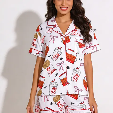 2-Piece Women's Sleepwear Pajama Set Loungewear Pjs, Pyjamas Set, Collared Pajamas, Soda Chicken Block Print Short Sleeve Shorts Pocket, Comfortable Soft Skin-Friendly Elastic Waist, Casual Home Wear Cozy Loungewear Shorts
