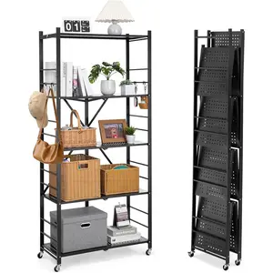 VEVOR 5-Tier Foldable Storage Shelf, 32W x 14D x 72H Inch Folding Metal Rack Shelving Unit, Heavy Duty No Assembly Organizer Shelf with 5 Wheels & 4 Hooks for Pantry, Kitchen, Garage, Basement, Black