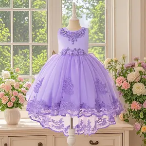 Flower embroidery design princess dress for girls flower girl trailing design dress girl chiffon round neck dress perfect for summer parties and casual outings fashion style suitable for young girls