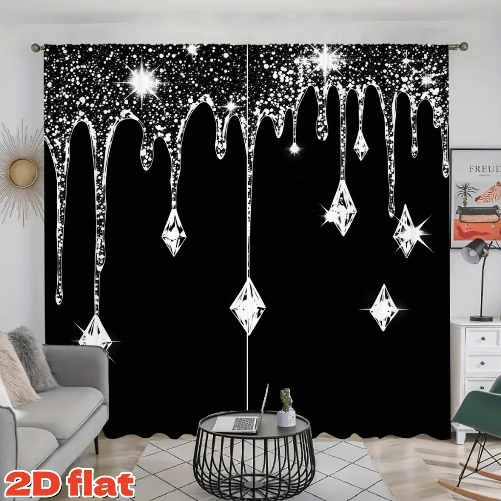 2D Flat 2Pcs Black Glitter Diamond Drip Curtains for Living Room Bedroom Decor, Shimmering Gemstone Drips Blackout Drapes, Sparkle Jewel Waterfall Window Treatment Home, Anti Privacy, Christmas Gift .