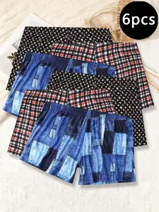 Men's Gingham Print Boxers, 6-Pack, Soft Breathable Moisture-Wicking, Loose-Fit Large Size, Comfortable Non-Compression Underwear