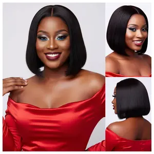 Jreal's Wig Bob Straight Glueless 100%Human HairWig 4x4 Pre Cut Lace Natural Black