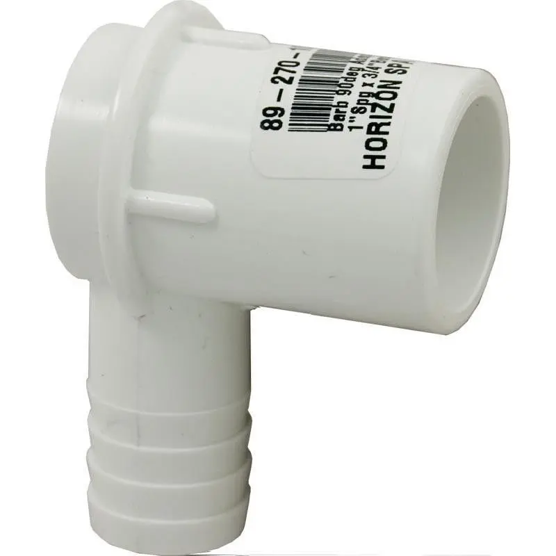 HORIZON Ribbed Barb 90-Deg PVC Elbow Fitting, 0.75 RB Spigot End x 1 in. Adapter, NSF Approved for Pumps, Plumbing Pipes, Swimming Pools, Fits 1.5x1.5 in. Connections, 1.5 in. Size, Ribbed Barb Elbow
