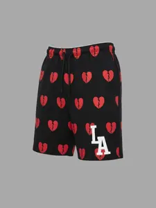Trendy LA Streetwear Broken Heart Allover Print Shorts - Bold White LA Logo, Elastic Drawstring Waist, Soft Fleece Fabric, Oversized Fit Casual Sweat Shorts for Men & Women, Summer Street Style Bottoms
