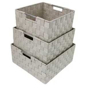Sorbus Double Woven Basket Bin Set - Decorative Storage Baskets for Books, Blankets, and More - Intregrated Handles for Easy Transport - Stainless Steel Tube Frame - 3-Piece Set