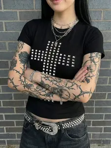 Women's Cross Element T-Shirt, Rhinestone Design, Sexy Fashion, Trendy Youthful Style, Casual Vintage Minimalist Gothic Look, Womenswear