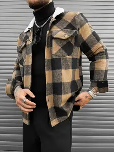 Men's Plaid Flannel Sherpa Casual Jacket, Buffalo Plaid Pattern, Contrast Collar & Flap Pockets, Warm Winter Shacket Coat, Ideal Christmas Gift
