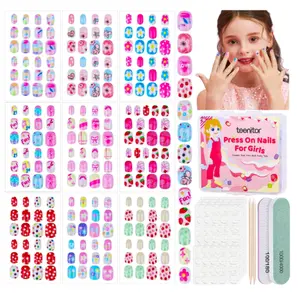 Teenitor 216pcs Press on Nails for Girls, 9 Colors 10 Sizes Press On Nails for Kids Fake Nails Little Girl Nails, Short Acrylic Nails with Nail Adhesive Tabs, Nail File Buffer
