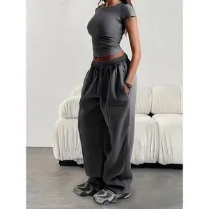 [Casual Loose-Fit Sweatpants] Women's Casual Loose-Fit Solid Color Wide-Leg Sweatpants with Elastic Waistband - Cozy Fall/Winter Joggers, Comfortable & Stylish for Casual Attire, Jogging Pants, Baggy Sweatpants For Women, Wide Pants, Training Pants, Winte
