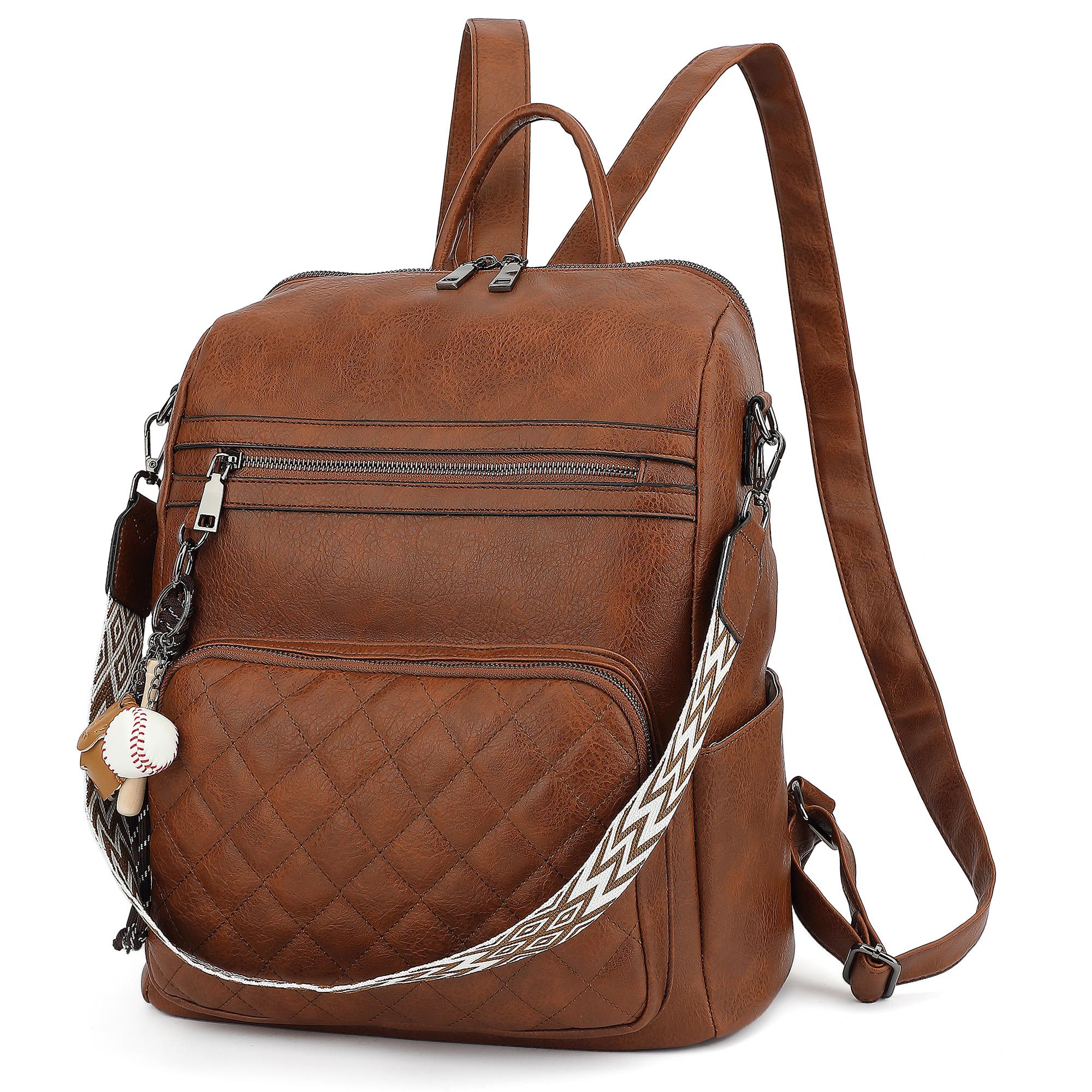 TANTOMI Women's Vintage Brown PU Leather Anti-Theft Quilted Backpack Purse with Detachable Wide Strap, Baseball Charm & Fashion Travel Shoulder Bag Functionality