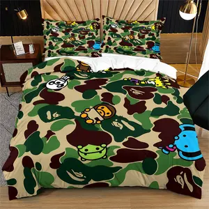 Cartoon camouflage pattern, soft bed cover set, includes 1 bed cover and 1 or 2 pillowcases, no cotton filling, suitable as birthday or holiday gifts, Bedroom Bedding Set