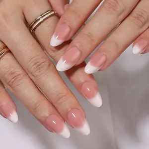 Curvlife medium almond french Press On Nails milky glossy shiny french Easy Apply Nail Art