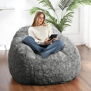 Garvee Soft Fluffy Faux Fur Bean Bag Chairs for Adults with High Density Sponge Filler, Removable Washable Cover, Available in Black, Orange, Blue - Comfortable Lazy Sofa Chairs Ideal for Bedroom, Living Room, Dorm, and Reading