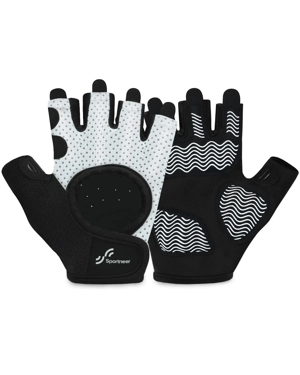 Sportneer Workout Gloves for Men & Women Full Palm Protection Breathable Exercise Gloves w/Curved Open Back Lightweight Fitness Gloves for Pull Up Dumbbells Cycling Rowing (Black-White Large)