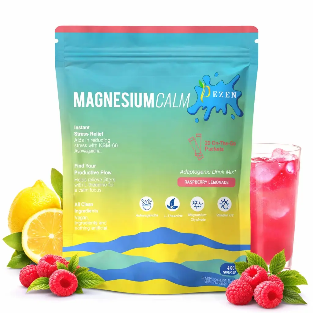 DEZEN Calm Magnesium Drink Mix Powder with L-Theanine, Ashwagandha, Magnesium Glycinate & Vitamin D, Raspberry Lemonade, 20 Sacket