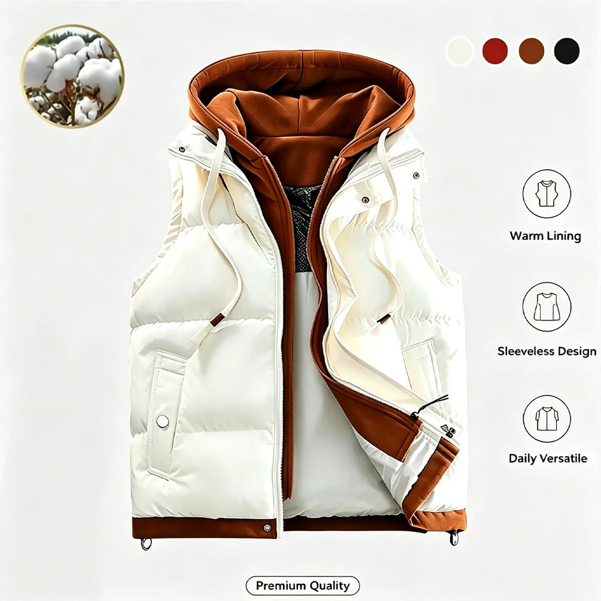 Men's Polyester Casual Hooded Waistcoat, Autumn-Winter, Color-Block Patchwork, Loose Fit, Sleeveless, Crew Neck, Zipper, Medium Length, Warm Menswear Top