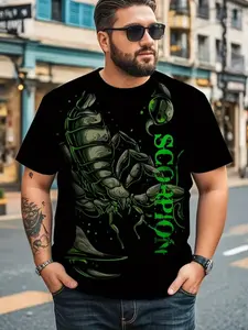 Men's Plus Size 3D Scorpion Print T-Shirt, Breathable Polyester Elastane Blend, & Casual Round Neck Short Sleeve Top
