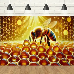 1pc 2D Bee Hive Tapestry, Golden Honey & Light Spot Printed Backdrop, Warm Healing Vibe, Ideal for Nature-Themed Parties, Home Bedroom Decor & Photo Booth Decor