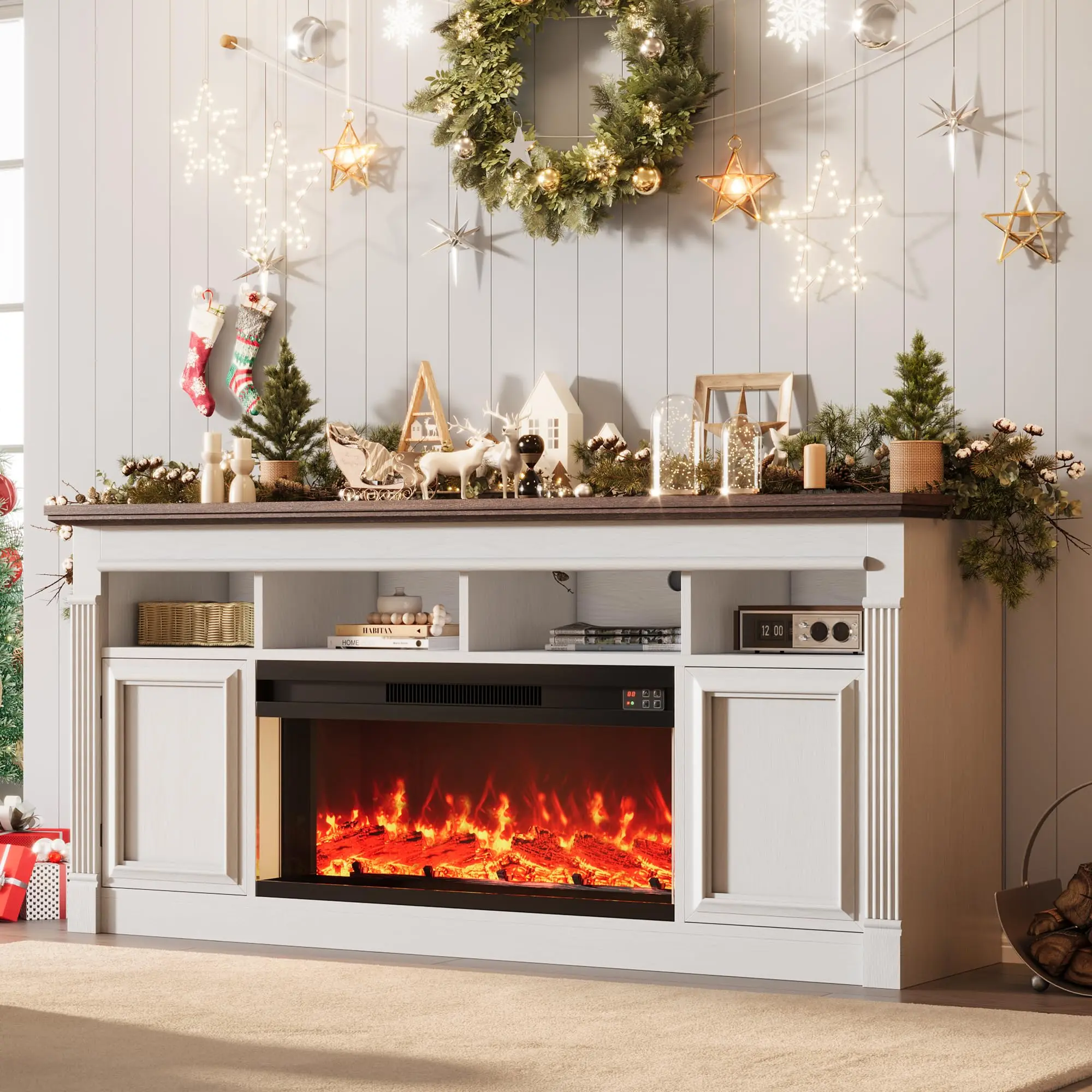 Garvee 68" Electric Fireplace TV Stand for TVs Up to 75", Featuring a 36" Fireplace, Farmhouse Style Console Table with Open Storage Shelves, White and Brown Entertainment Center for Living Room