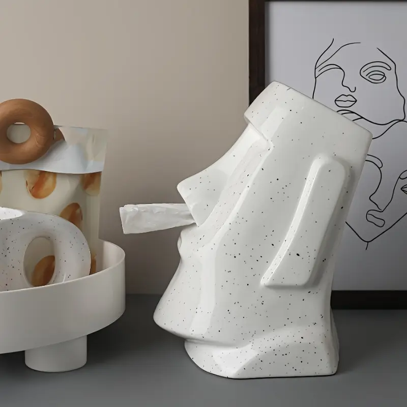 Moai Statues Inspired Ceramic Tissue Box Holder - Handcrafted White Polynesian Home Decor with Speckled Design, Functional Art Sculpture for Living Room, Office & Unique Gift Idea, Statues for Home Decor