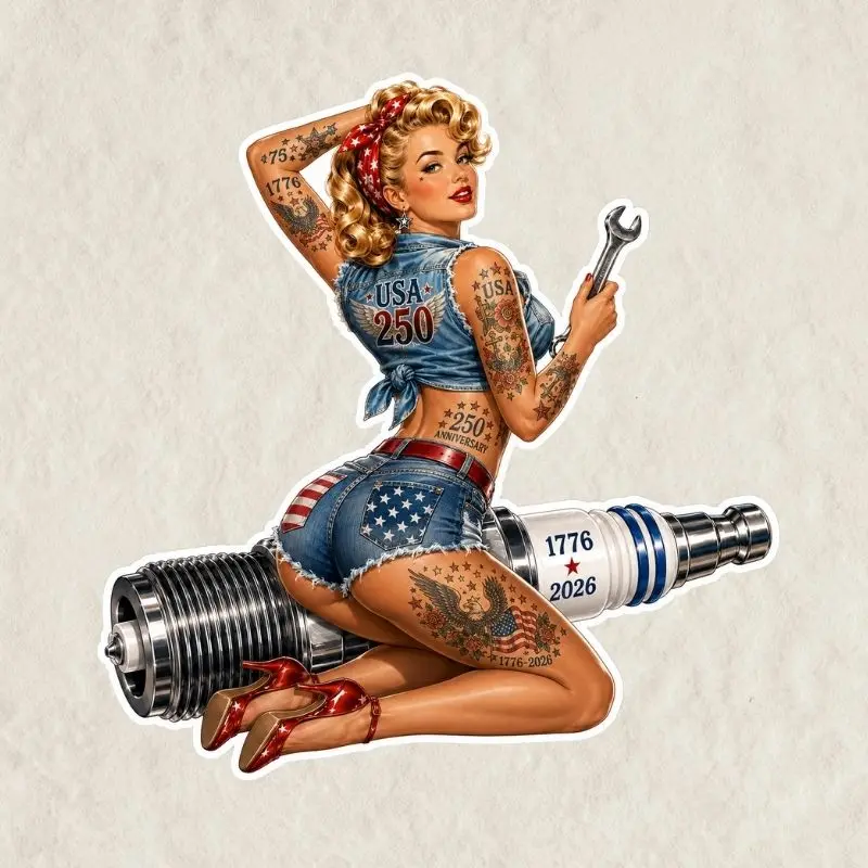Spark Plug Big Bang Pin up Girl Sticker Decal, Happy 250th Birthday USA Sticker, 1776 2026 Vinyl Sticker for Laptops, Cars, and Water Bottles