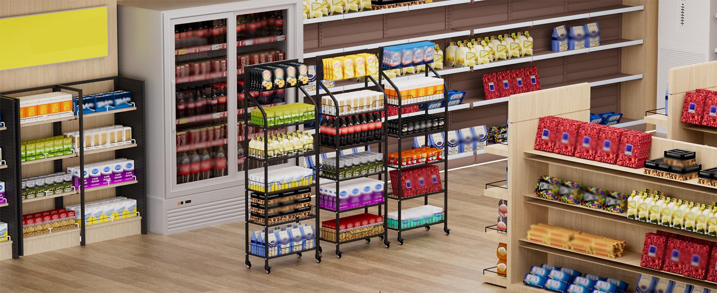 Commercial 5 Tier Freestanding Retail Display Rack for Snacks and Candy, Heavy Duty Q235 Steel Chip Stand with Sliding Baskets, 360° Rotating Silent Wheels, 4 Foot Pads & 10 Price Tags