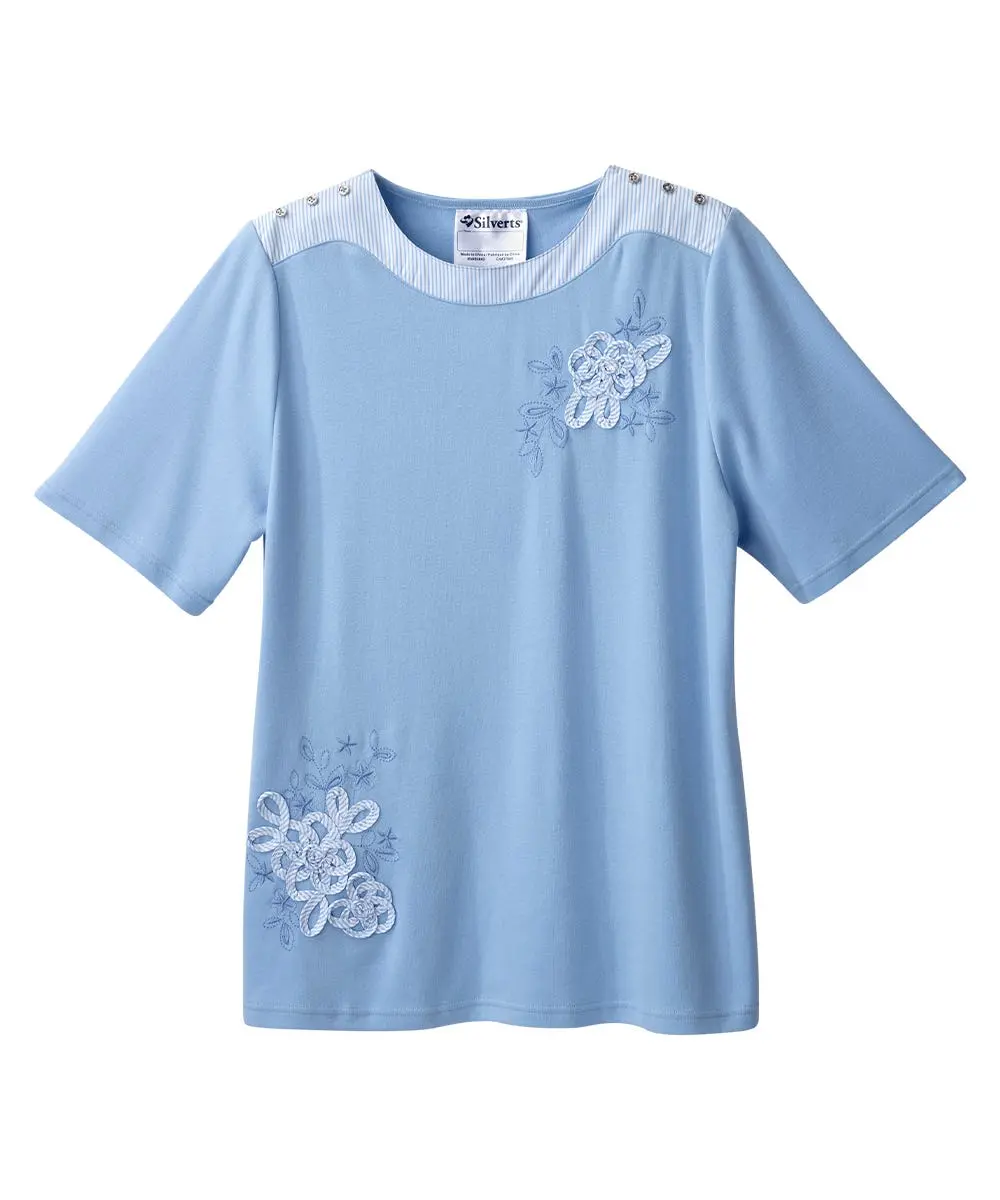 Women's Adaptive Fit Open Back T-Shirt with Shoulder Snaps, Feminine Embroidered Soft Cotton Blend for Senior Lady Nursing Care