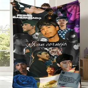 Ivan Cornejo "Perro Bandonado" Collage Throw Blanket - Black Background Ivan Cornejo Photo Montage Flannel Blanket, Cozy Soft Blanket Featuring His Iconic Looks, "Está Difícil" Lyrics, Mexican Flag & Blue Rose, Perfect Gift for Regional Mexican Fans