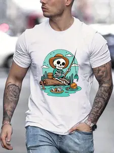 Skeleton Fishing Print T Shirt, Tees For Men, Casual Short Sleeve T-shirt For Summer