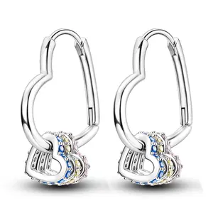 MULA 925 Silver-plated three-layer heart hoop earrings | Multi-color zircon inlay | Fashionable and elegant women's earrings | Birthday gift | Suitable for daily wear and special occasions