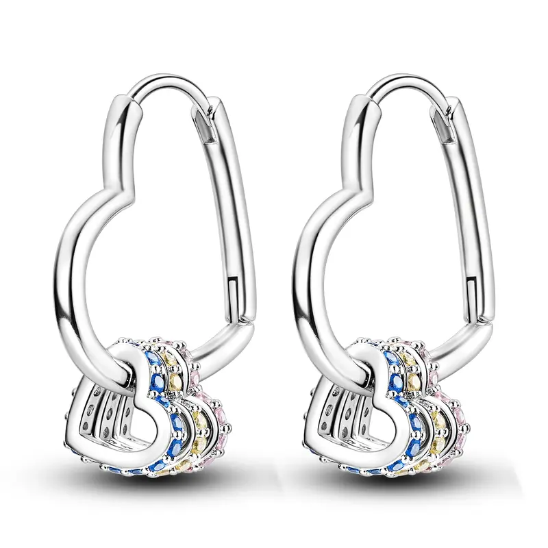 MULA 925 Silver-Plated Triple-Layer Heart Hoop Earrings for Women | Multi-Color Pave CZ Inlay | Hypoallergenic & Nickel-Free | Romantic Daily Jewelry Birthday Gift
