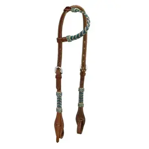 Argentina Cow Leather One Ear Headstall with Teal Rawhide Accents