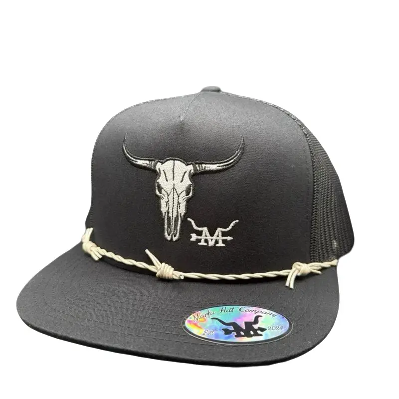 Glow in the Dark Longhorn Hat - Black Trucker Cap with Barbed Wire Detail and Glow in the Dark Skull